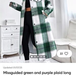 Missguided Green and Purple Plaid Long Coat